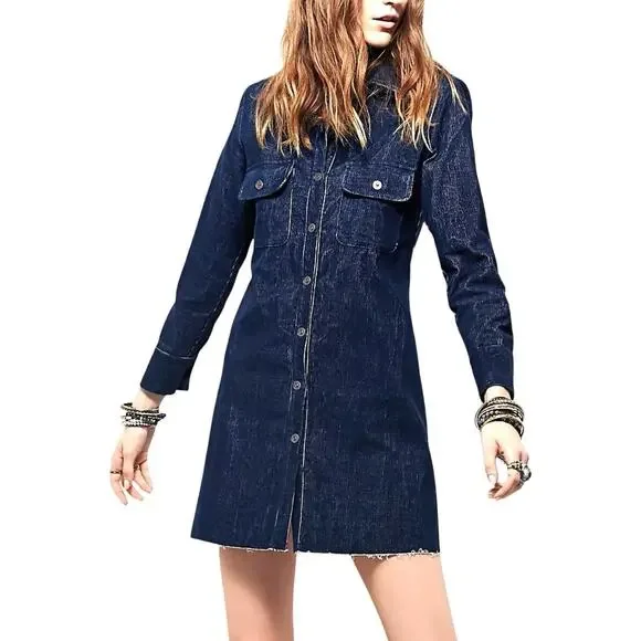 Free People Washed Corduroy Button Shift Dress Size S Blue Button Up USA Made - Picture 3 of 7